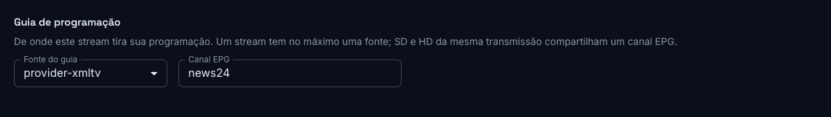 Vinculação de um stream ao seu canal EPG