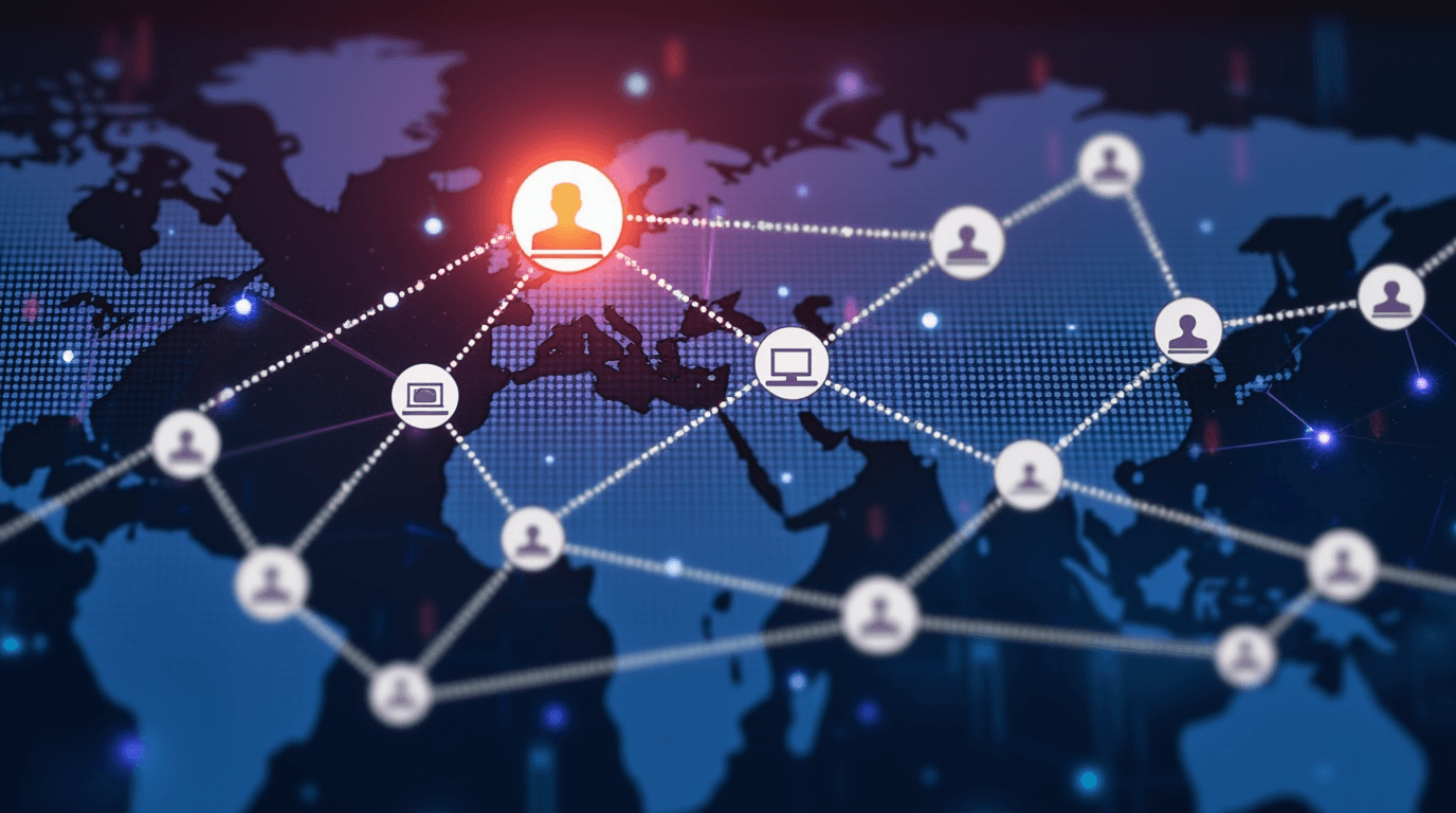 Global WebRTC network with user icons and devices connected by lines on a world map background
