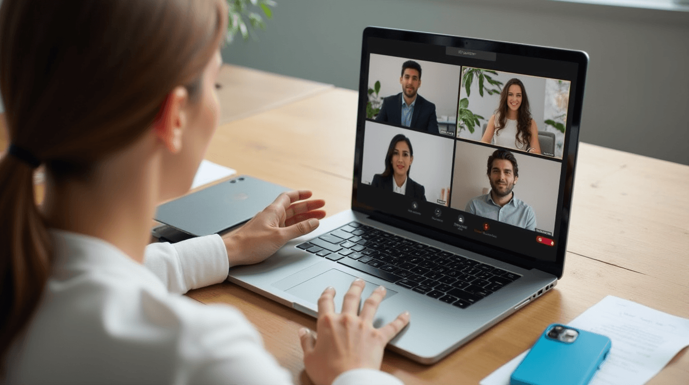 Woman participating in a video conference via laptop using WebRTC technology